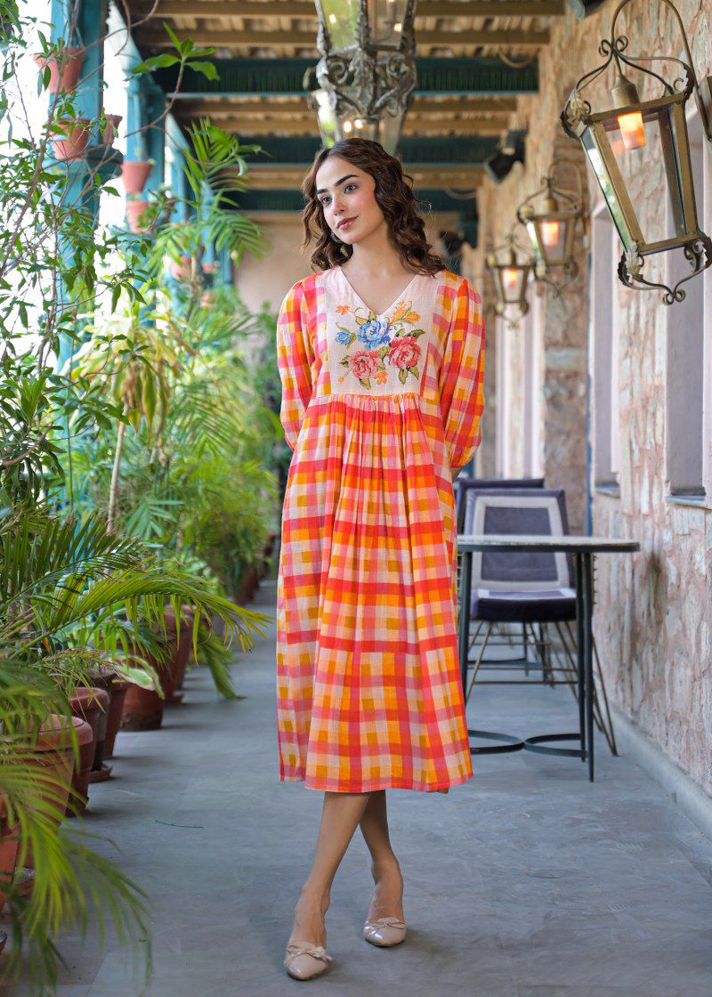 The Citrus Sunset Gingham Floral Cotton Dress