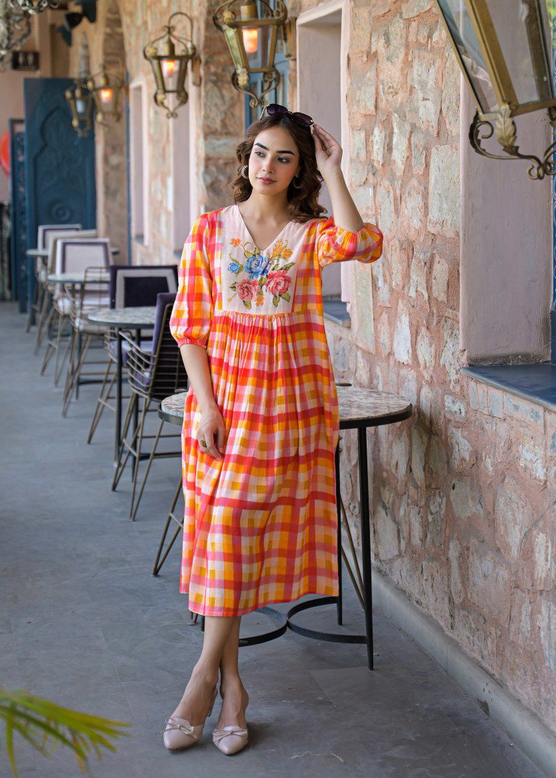The Citrus Sunset Gingham Floral Cotton Dress