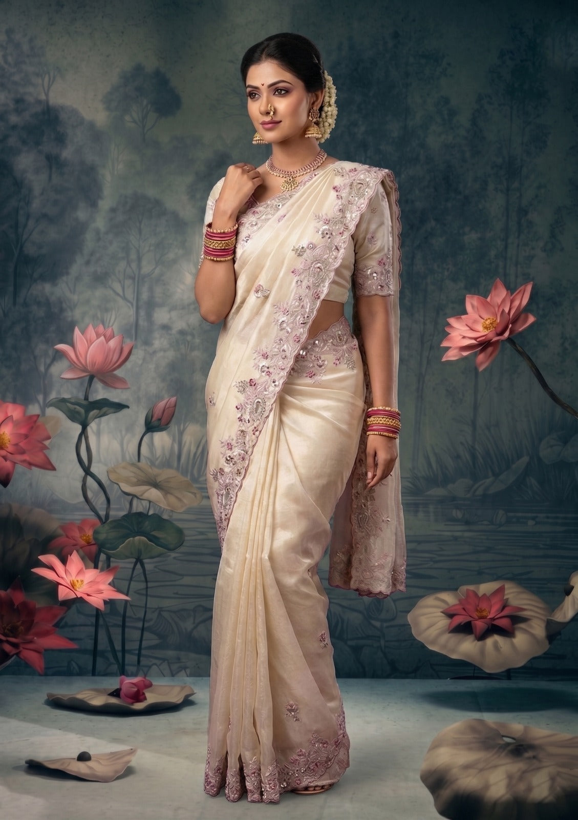 Gilded Ivory Embellished Tissue Silk Saree