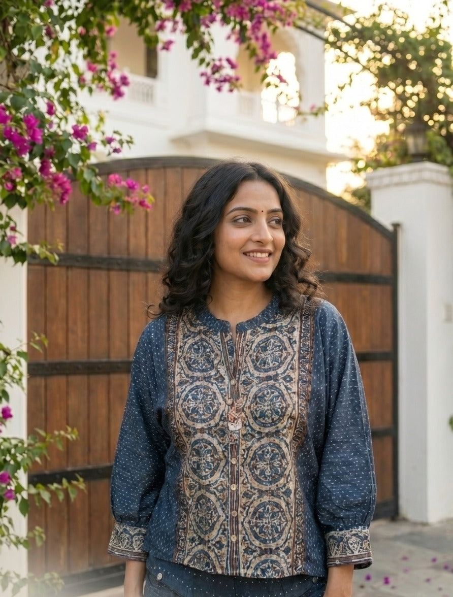 Indigo Ajrakh Printed Muslin Silk Co-ord Set