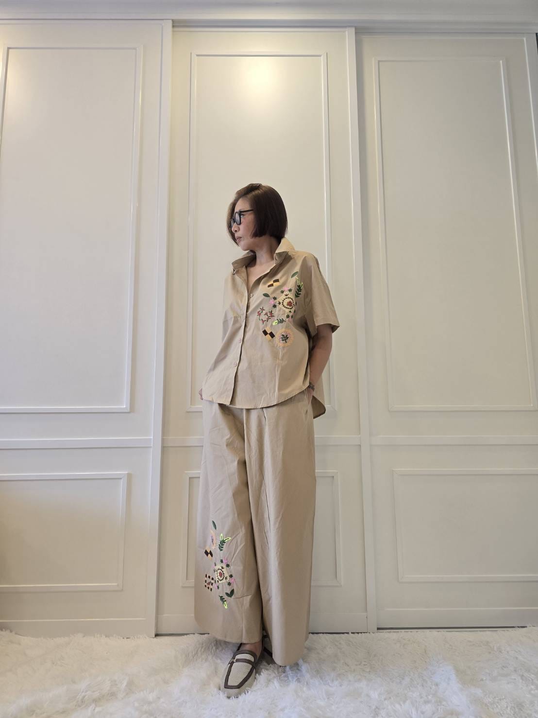 Beige Abstract Embroidered Cotton Co-ord Set
