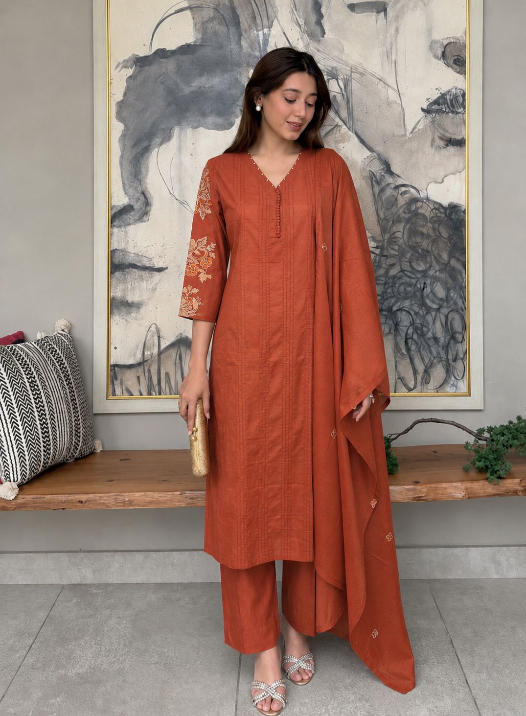 Terracotta Sienna Printed Cotton Pant Set