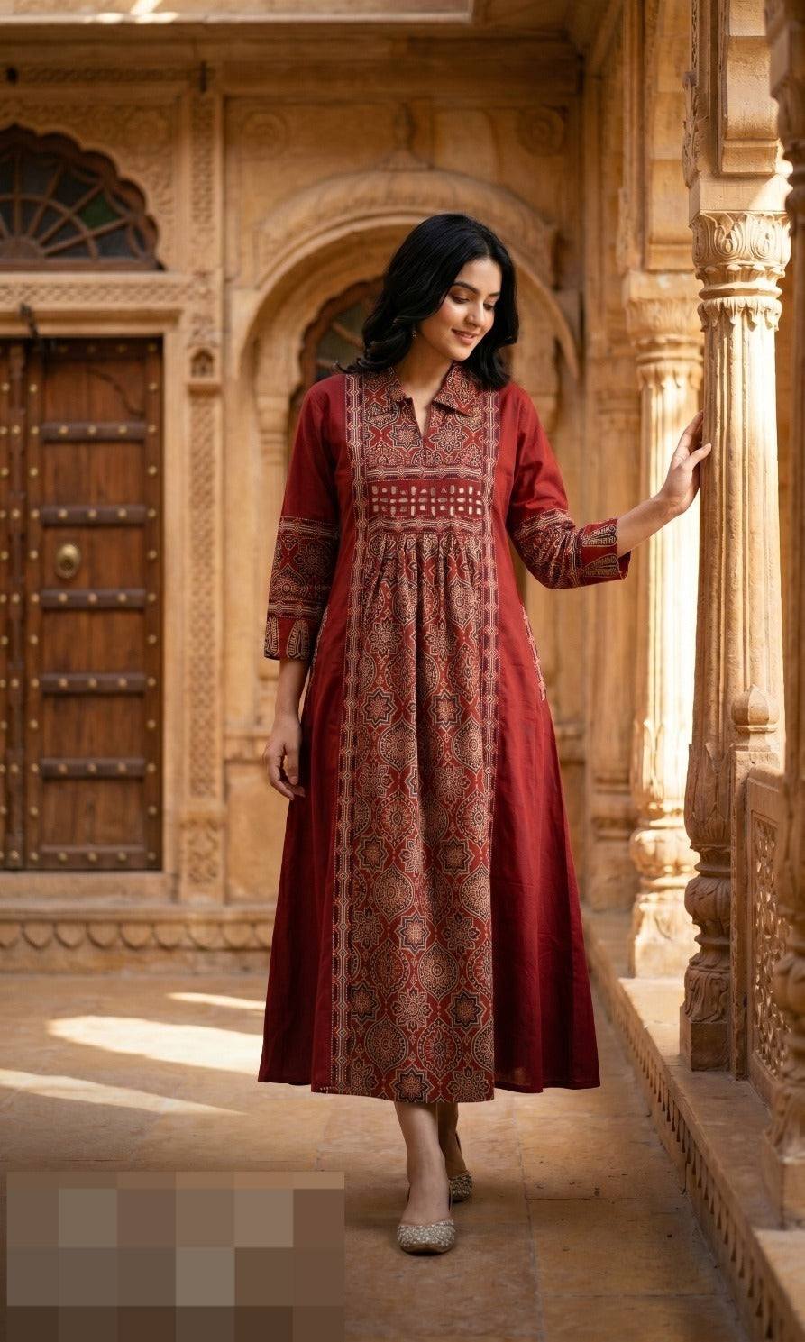 Crimson Azure Printed Cotton Dress