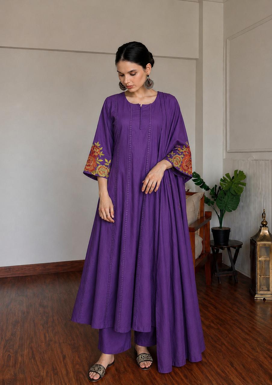 Violet Meadow Embroidered Cotton Anarkali Set