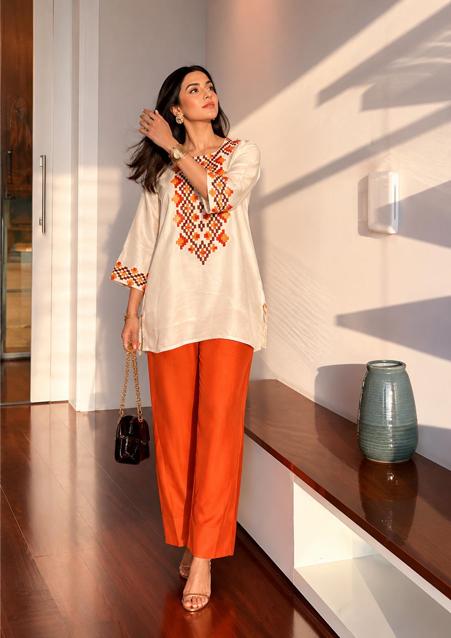 Orange Blossom Embroidered Cotton Co-Ord Set