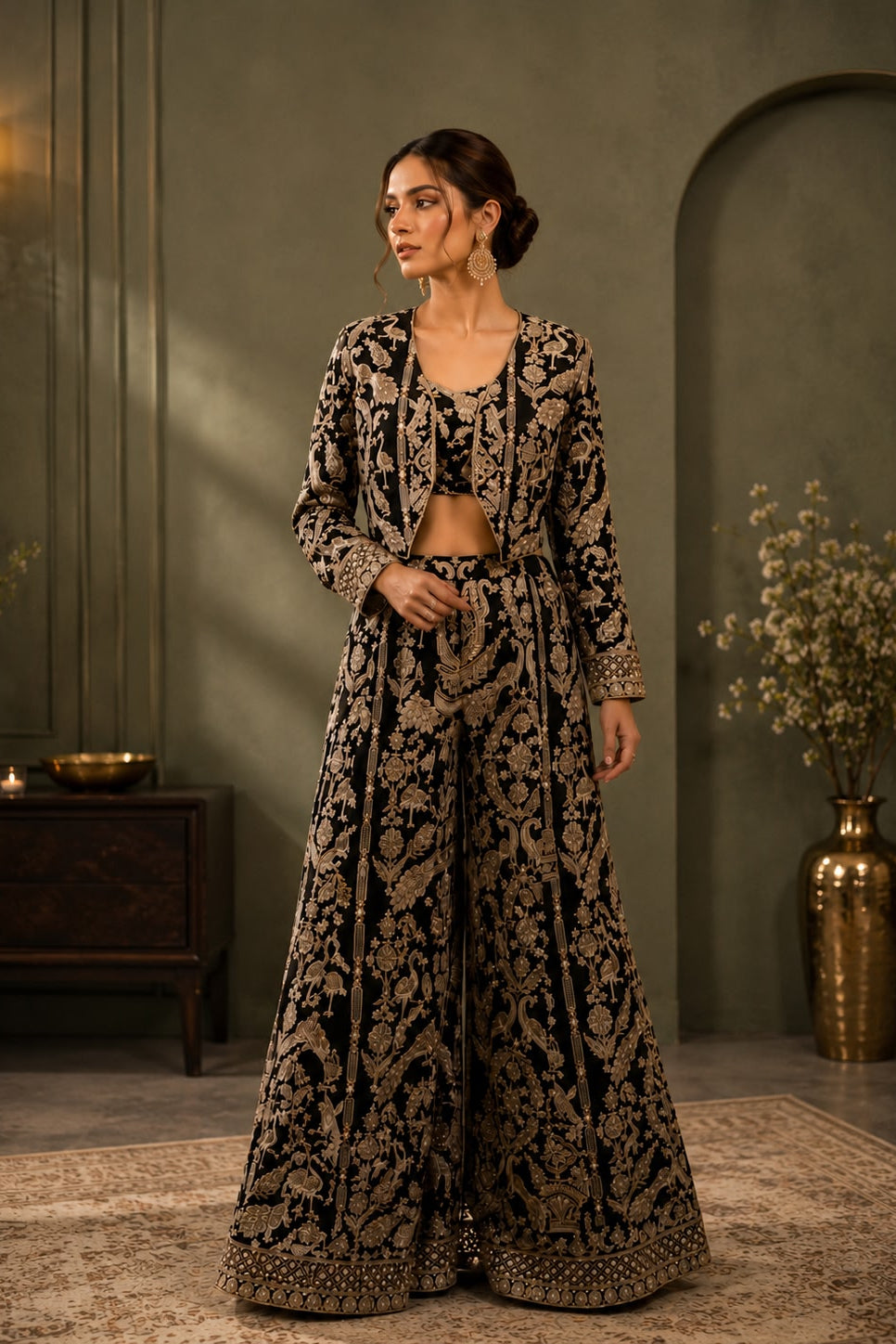 Zaria Black Embroidered Georgette Silk Palazzo Set