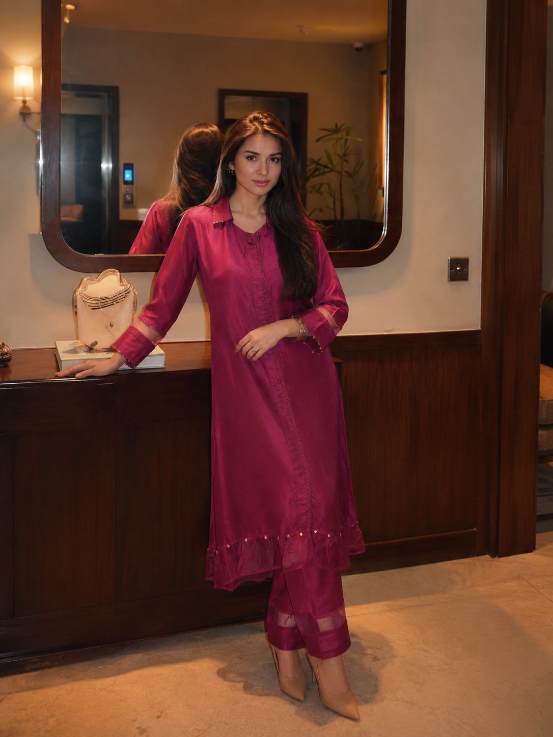 Fuchsia Frill Muslin Silk Co-Ord Set