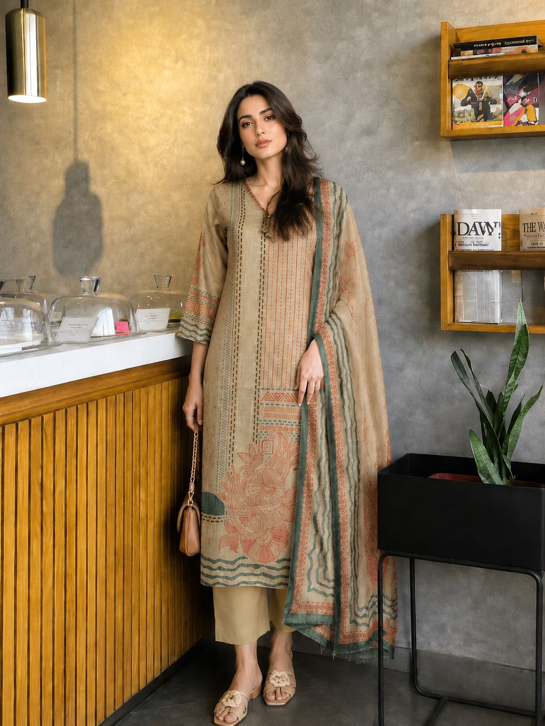 Sandstone Paisley Printed Linen Pant Set