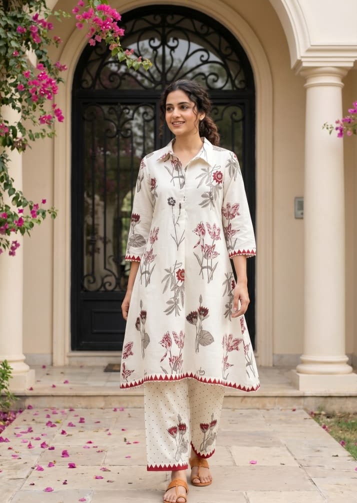 Ivory White and Red Printed Cotton Kurta Set