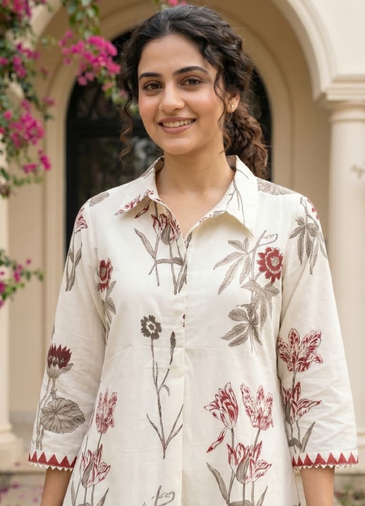 Ivory White and Red Printed Cotton Kurta Set