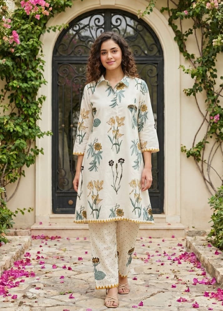 Ivory White and Yellow Printed Cotton Kurta Set