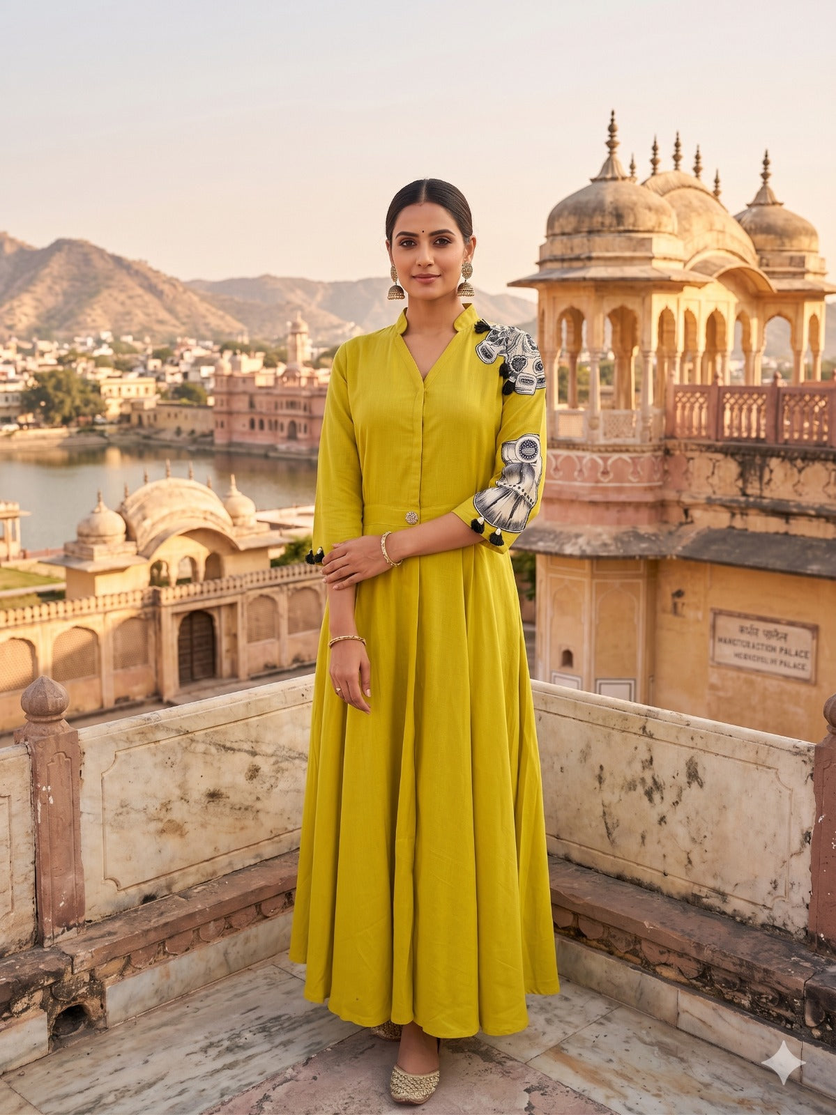 Lime Yellow Patchwork Embellished Cotton Dress