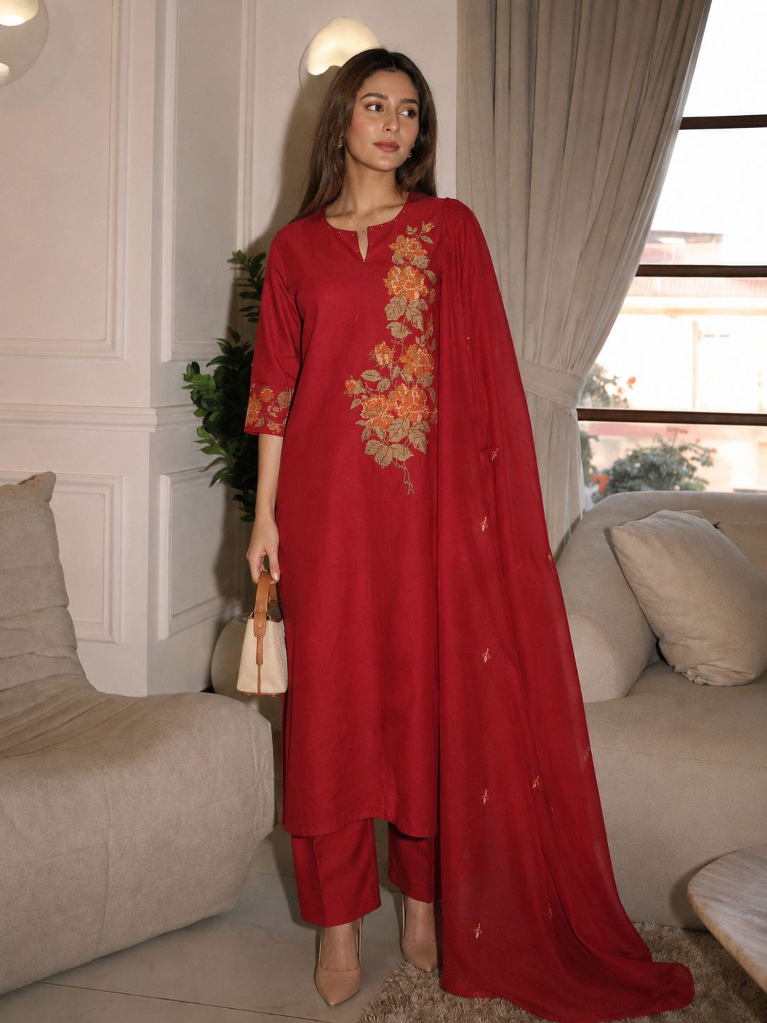 Crimson Embroidered Cotton Pant Set