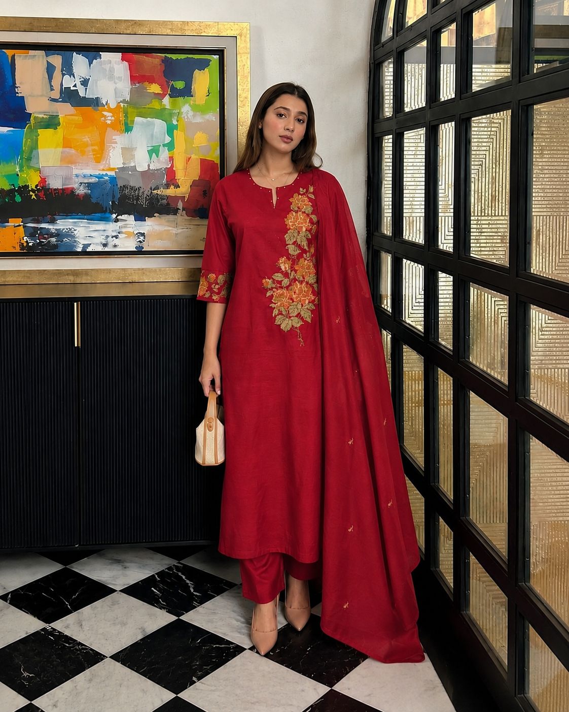 Crimson Embroidered Cotton Pant Set
