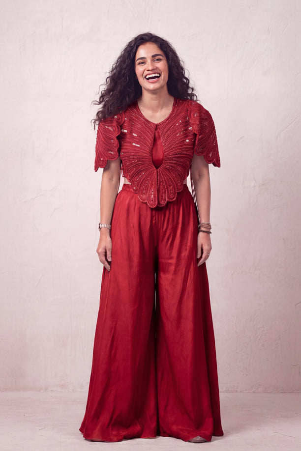 Crimson Red Embellished Satin Silk Co-Ord Set