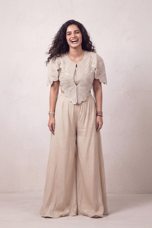 Champagne Beige Embellished Satin Silk Co-Ord Set