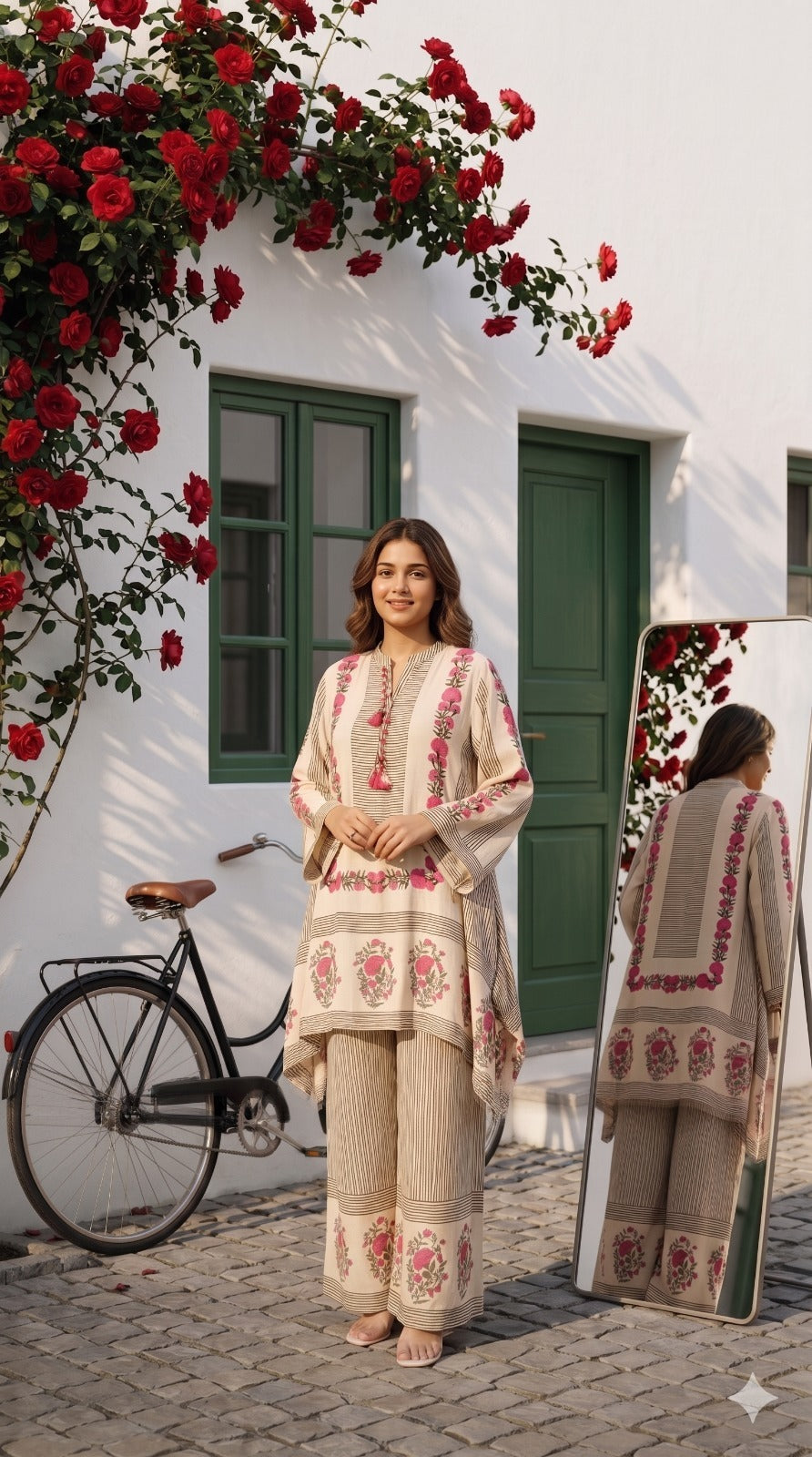 Light Beige Printed Muslin Silk Co-Ord Set