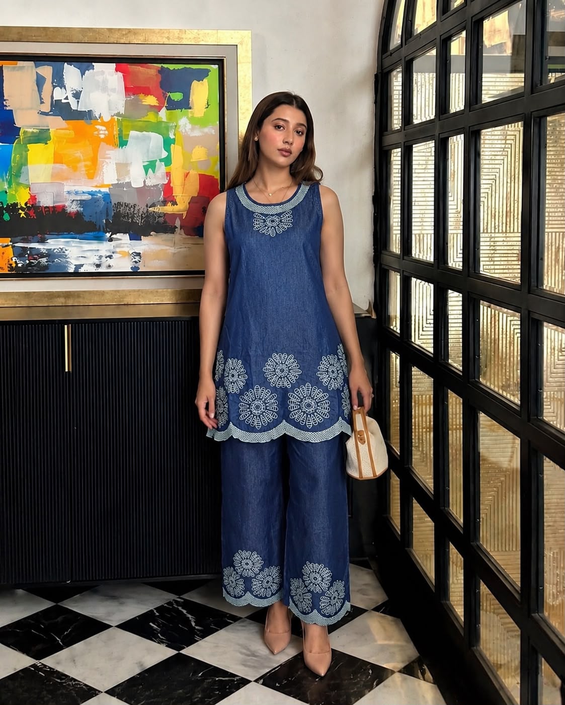 Azure Medallion Embroidered Soft Denim Co-Ord Set