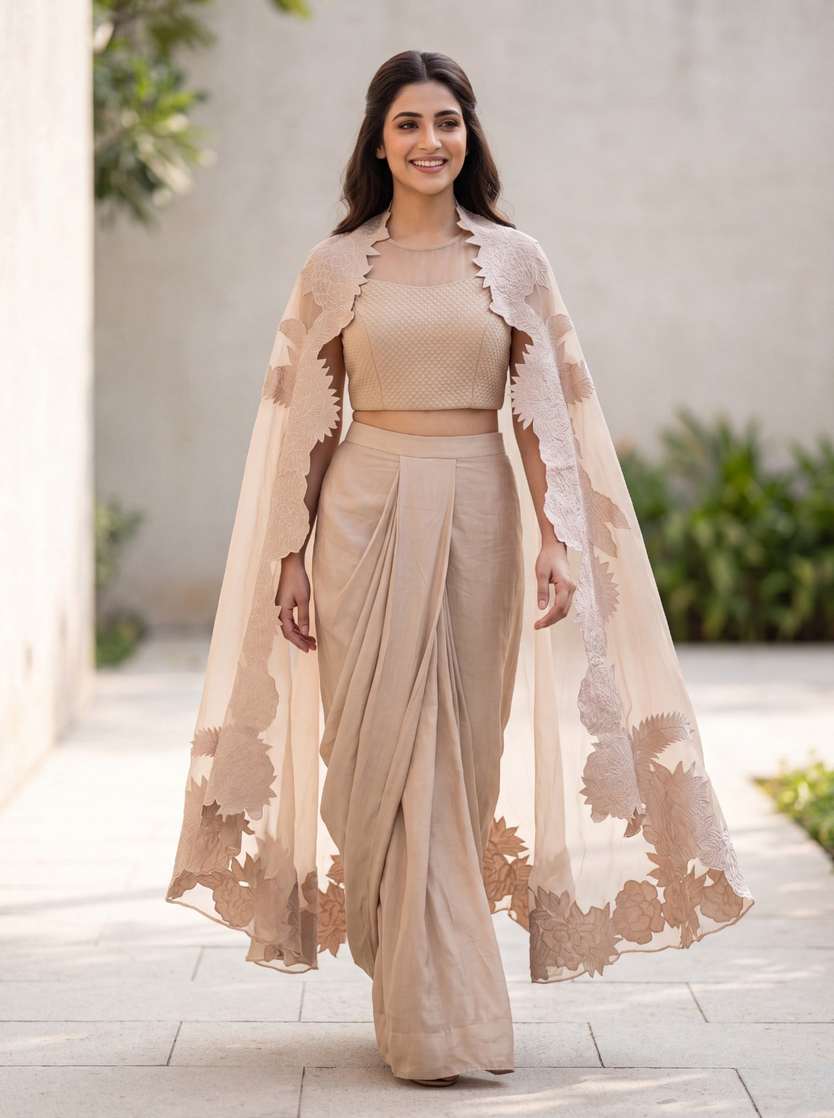 Sand Beige Embroidered Satin Silk Skirt Set