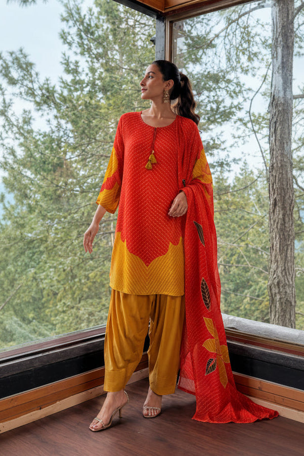 Burnt Orange Printed Chinnon Silk Pant Set