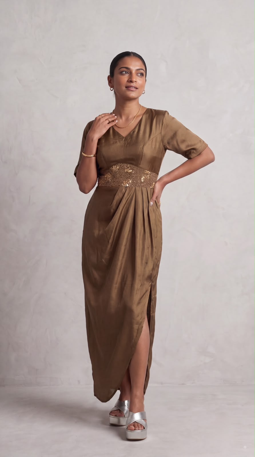 Bronze Solid Embellished Satin Silk Dress