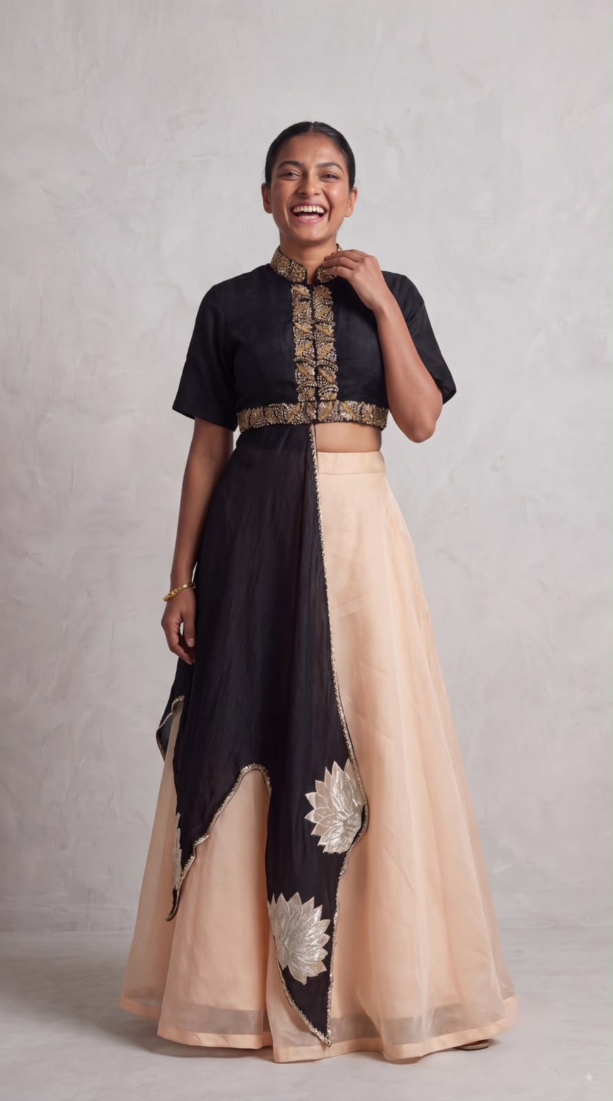 Golden Black Embellished Dola Silk Skirt Set