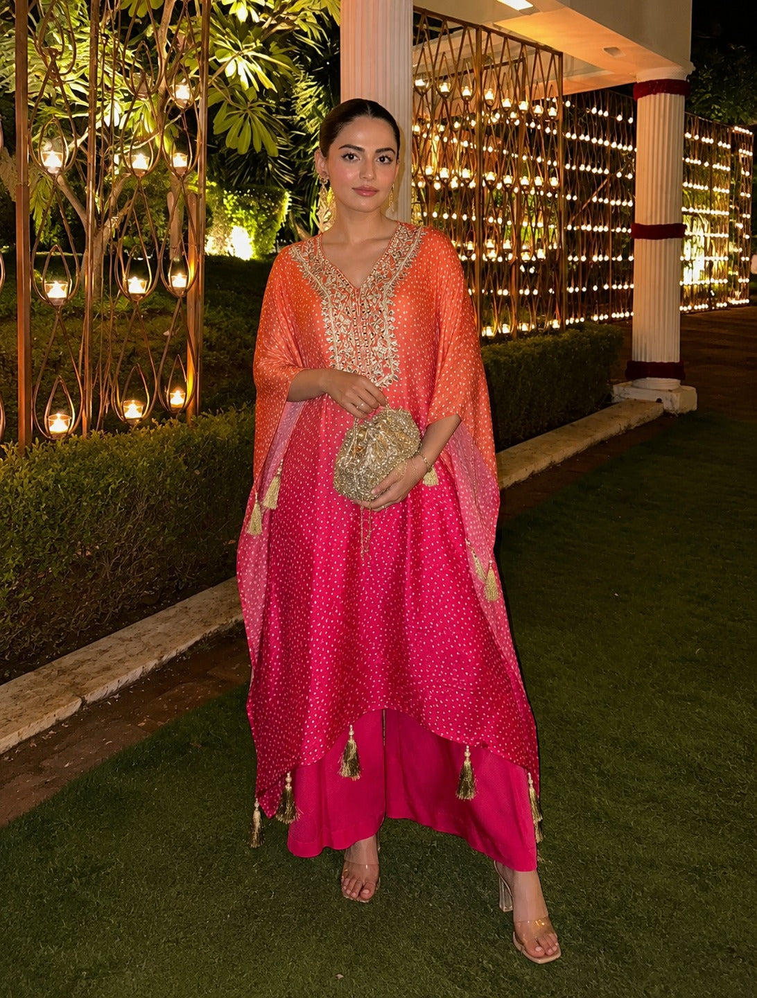 Pink & Orange Ombre Embellished Satin Silk Kantan Set