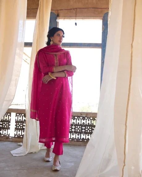 Magenta Pink Embellished Mul Chanderi Silk Pant Set