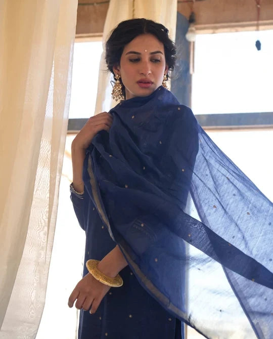 Navy Blue Embellished Mul Chanderi Pant Set