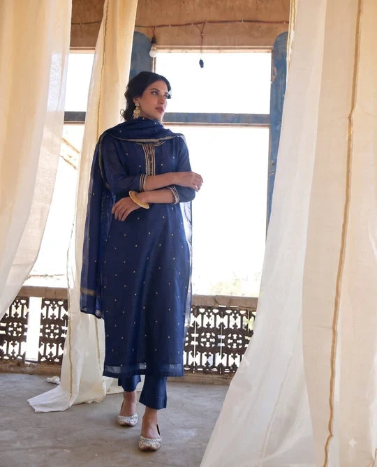 Navy Blue Embellished Mul Chanderi Pant Set