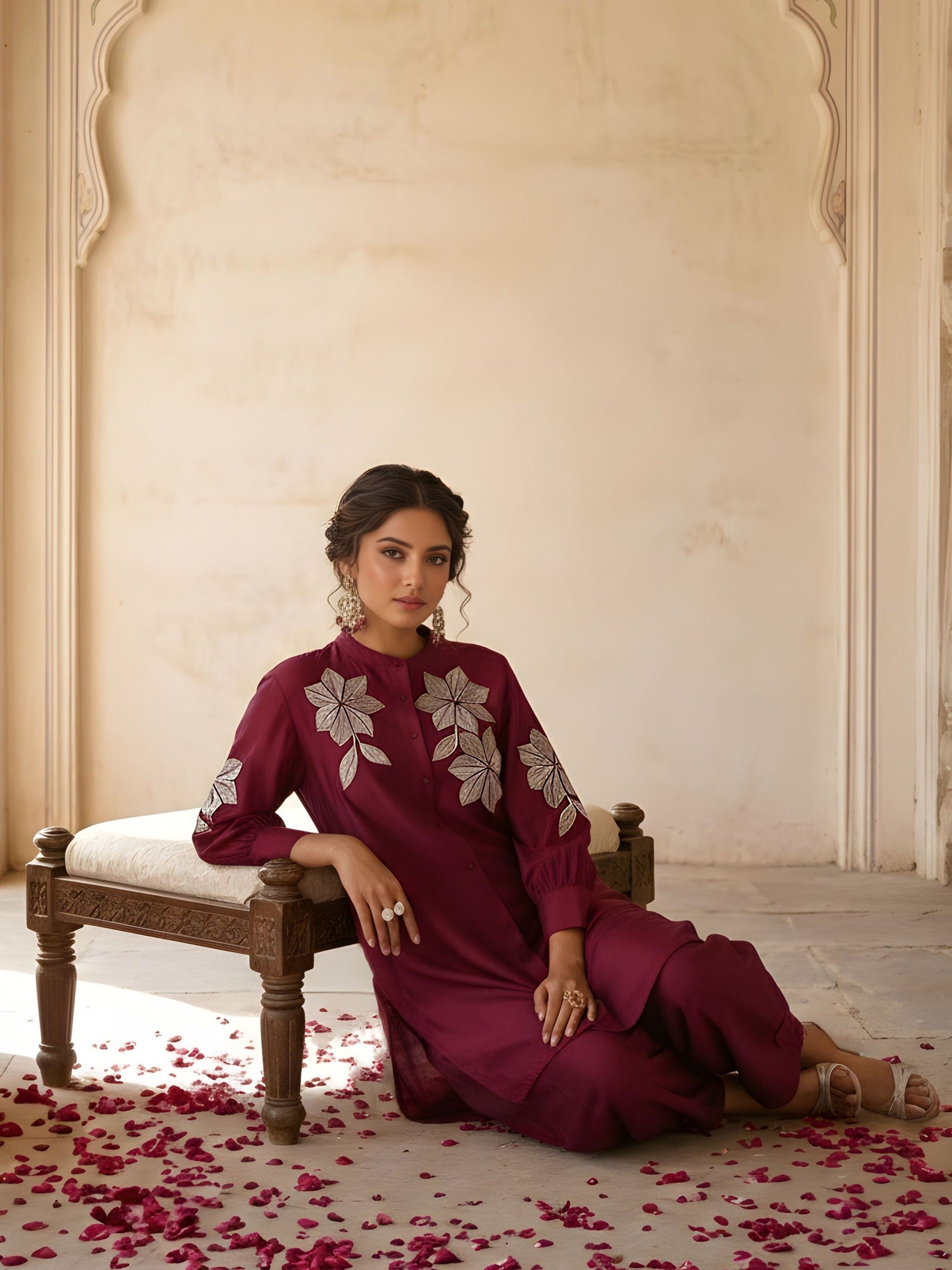 Maroon Embroidered Premium Silk Co-Ord Set