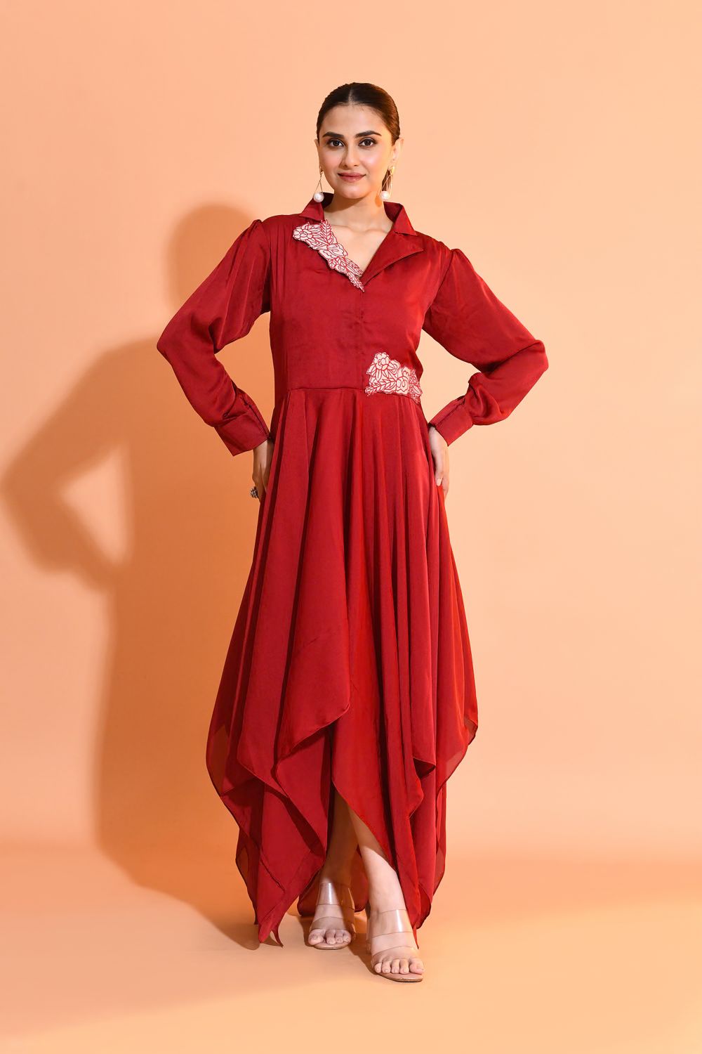 Maroon Embellished Satin Silk Dress