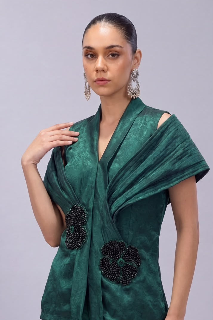Emerald Green Embellished Premium Silk Co-Ord Set