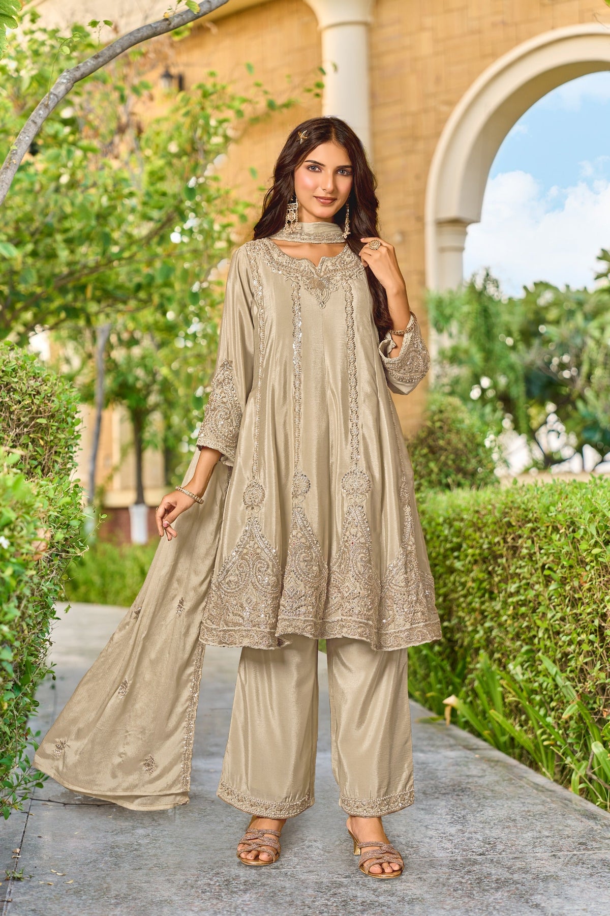 Light Beige Embellished Crepe Silk Palazzo Set