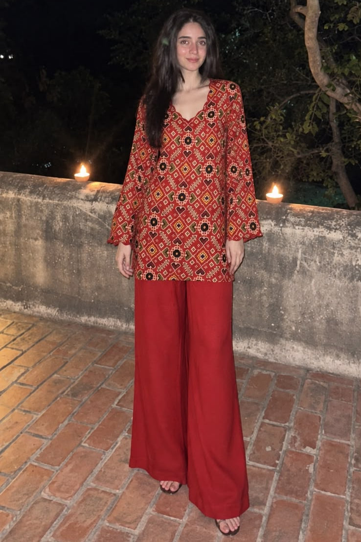 Crimson Red Patola Print Muslin Silk Palazzo Set