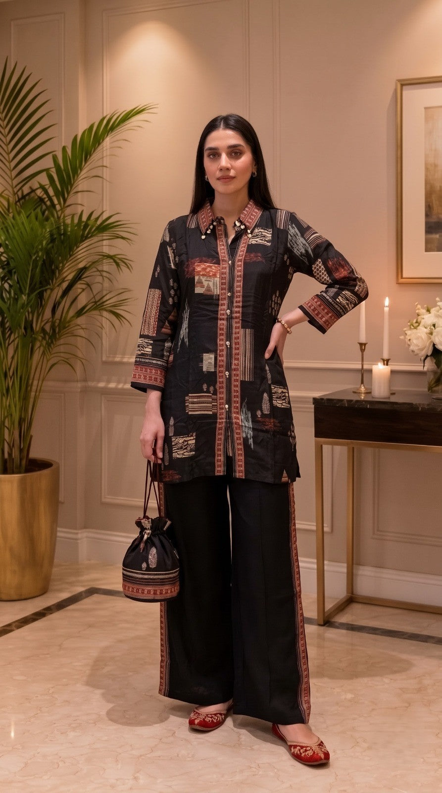 Charcoal Black Printed Crepe Silk Co-Ord Set