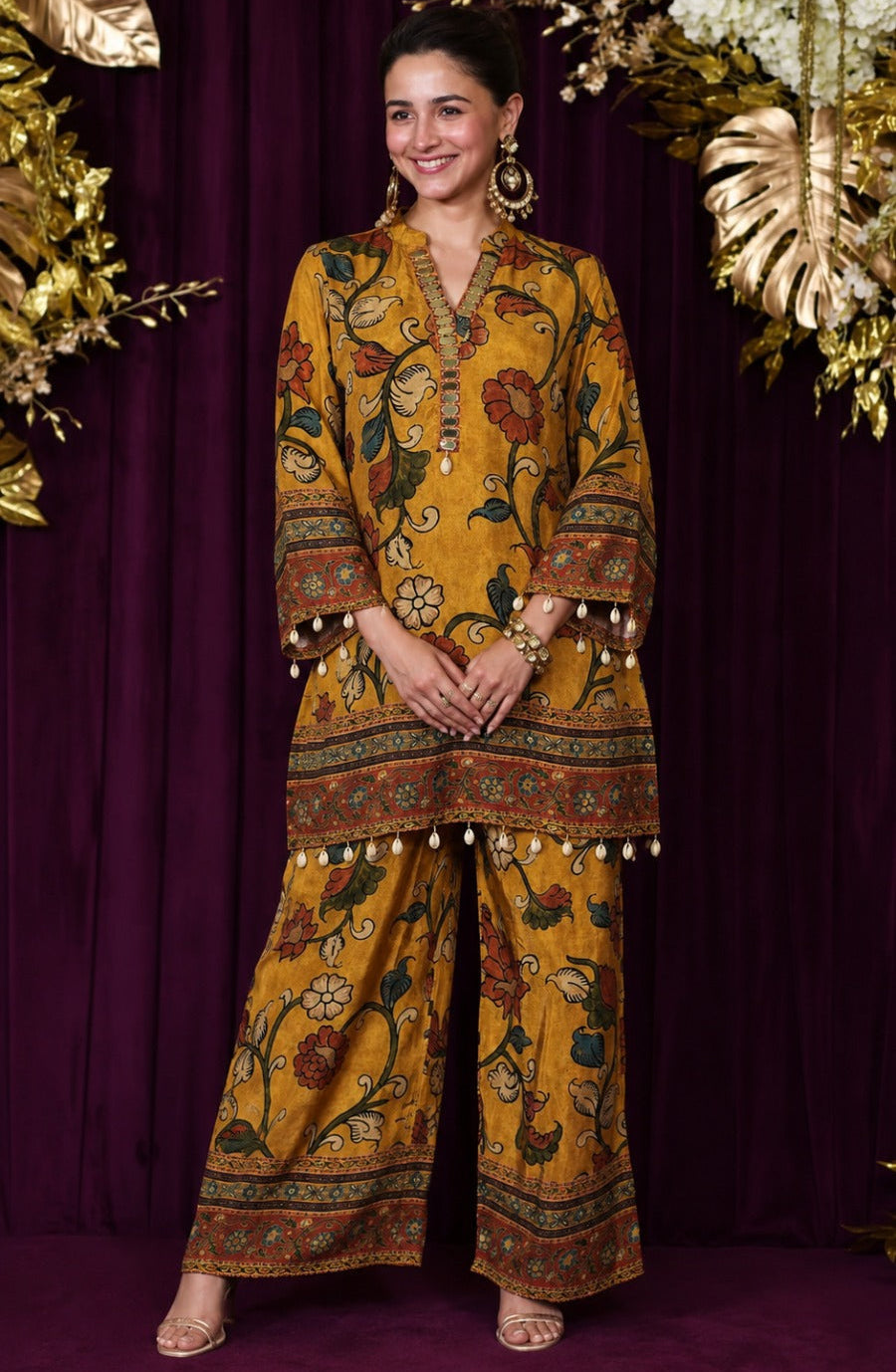 Mustard Yellow Printed Crepe Silk Co-Ord Set