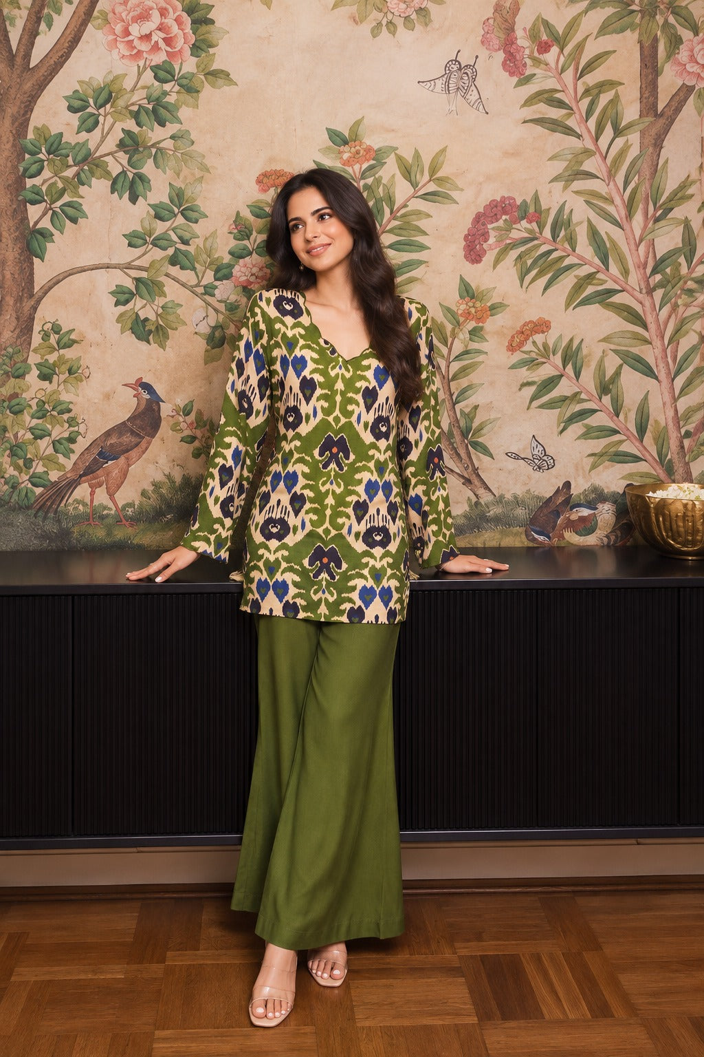 Green Fern Printed Pure Muslin Silk Co-Ord Set