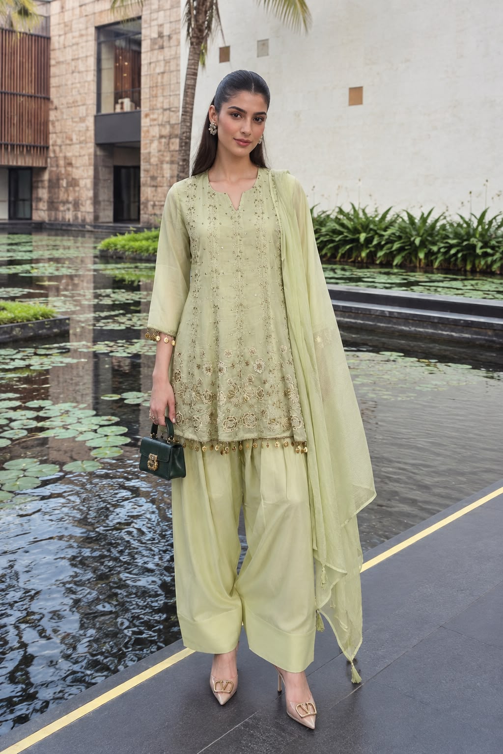 Pastel Green Embroidered Premium Silk Farshi Salwar Set