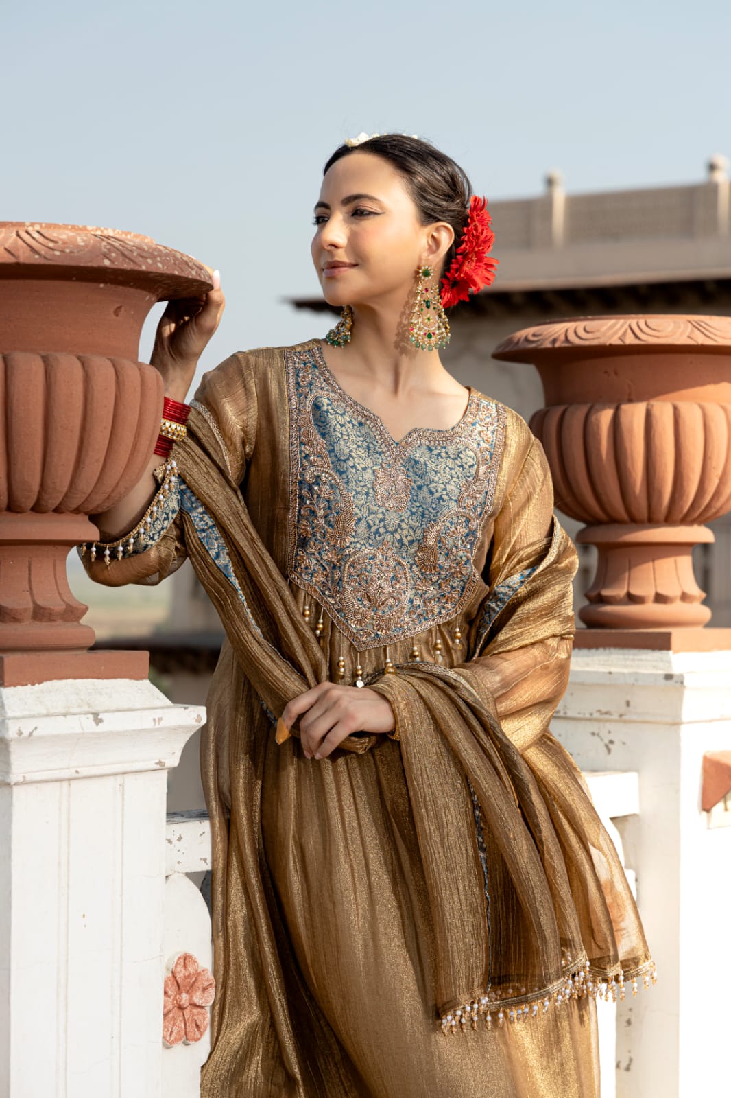 Coffee Gold Embellished Tissue Silk Pant Set
