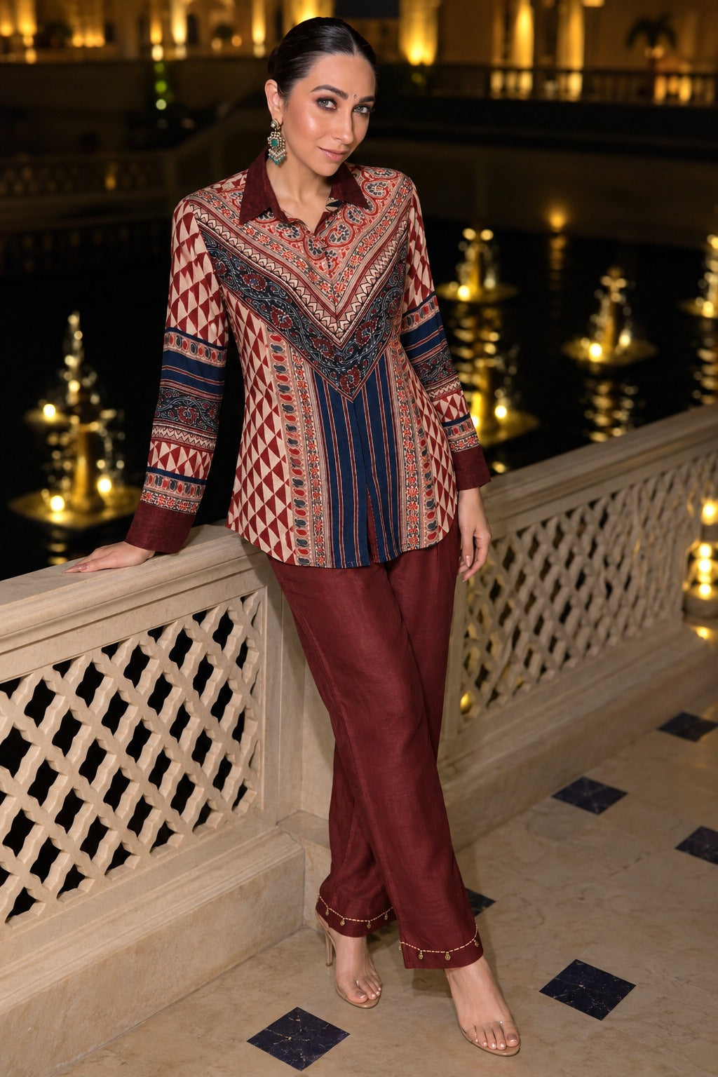 Deep Maroon Printed Crepe Silk Co-ord Set