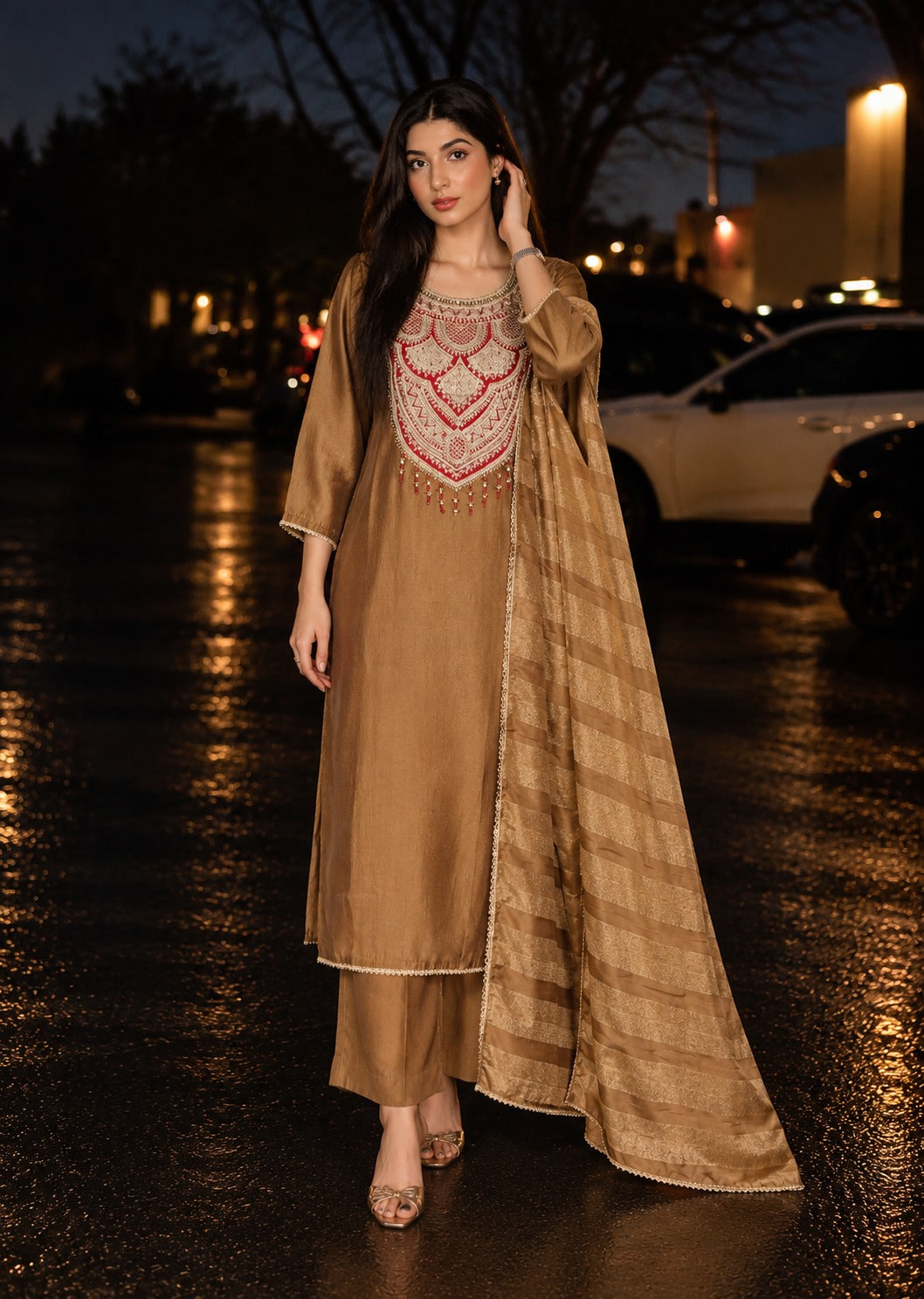 Coffee Brown Embroidered Premium Silk-Suit Set