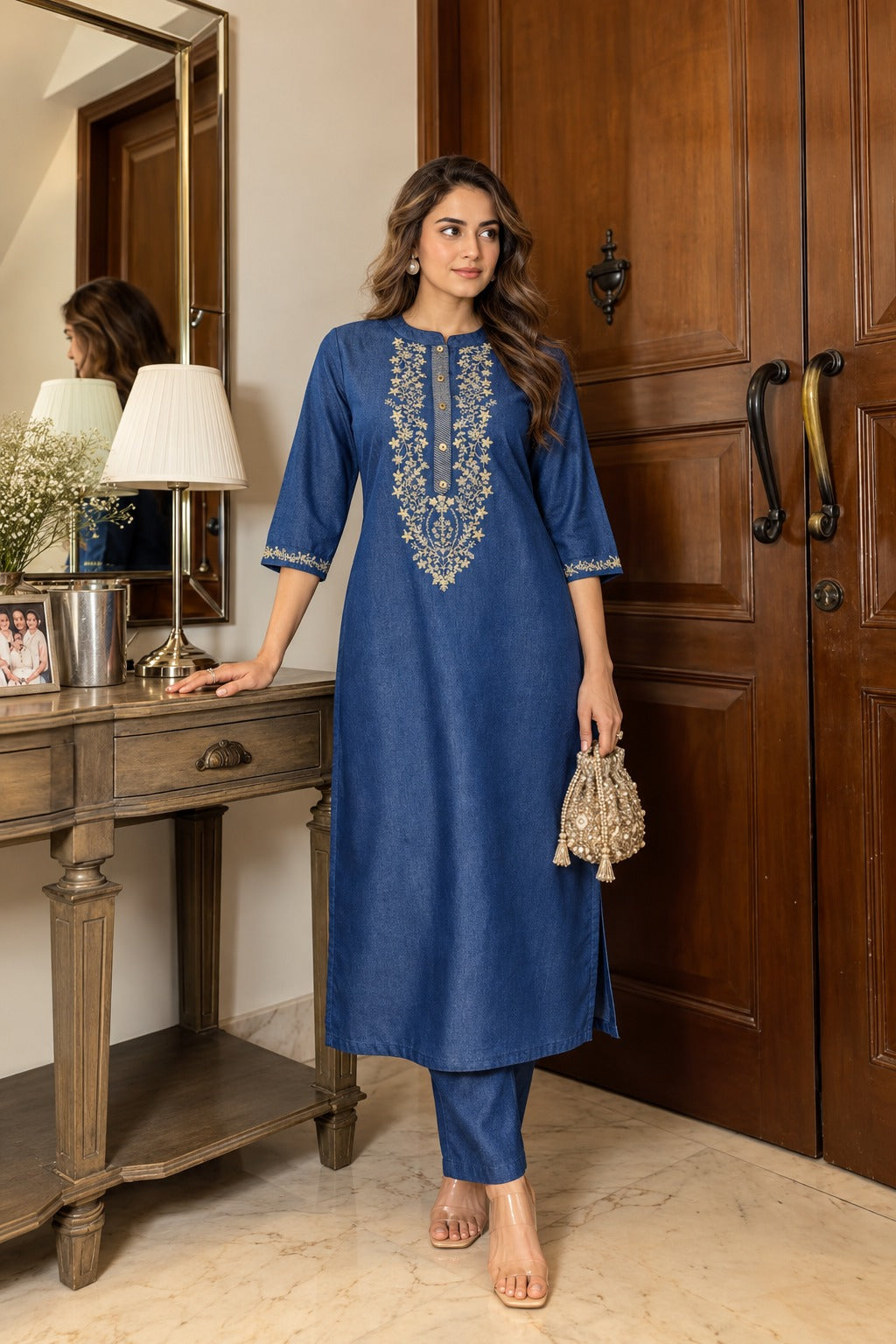 Prussian Blue Embellished Denim Co-ord Set