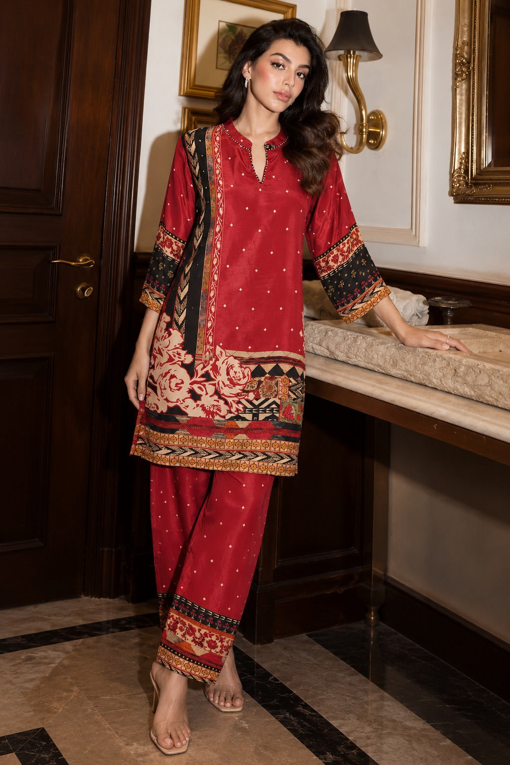 Deep Maroon Printed Crepe Silk Co-ord Set