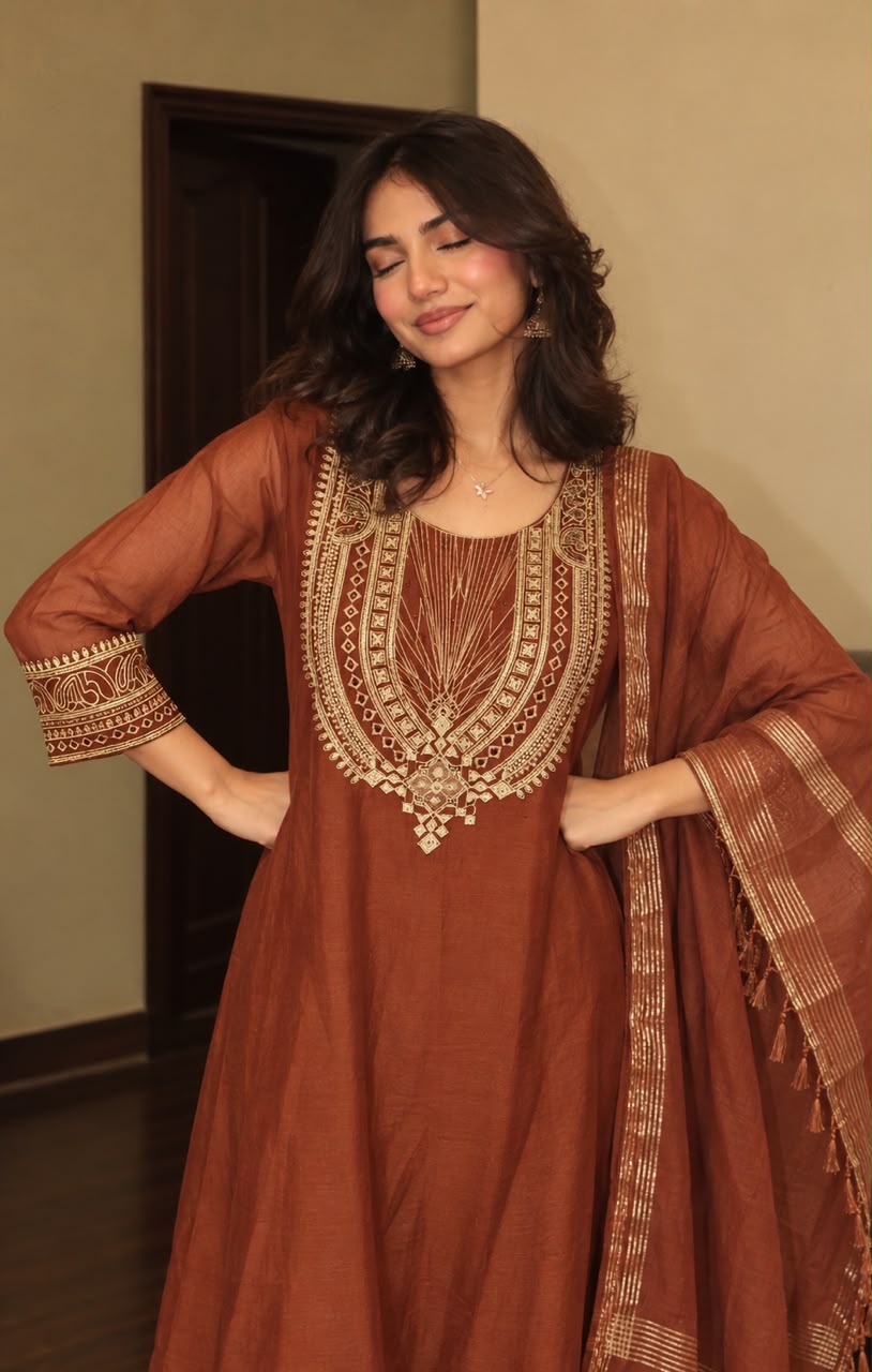 Warm Terracotta Embroidered Mul Chanderi Silk Anarkali Set