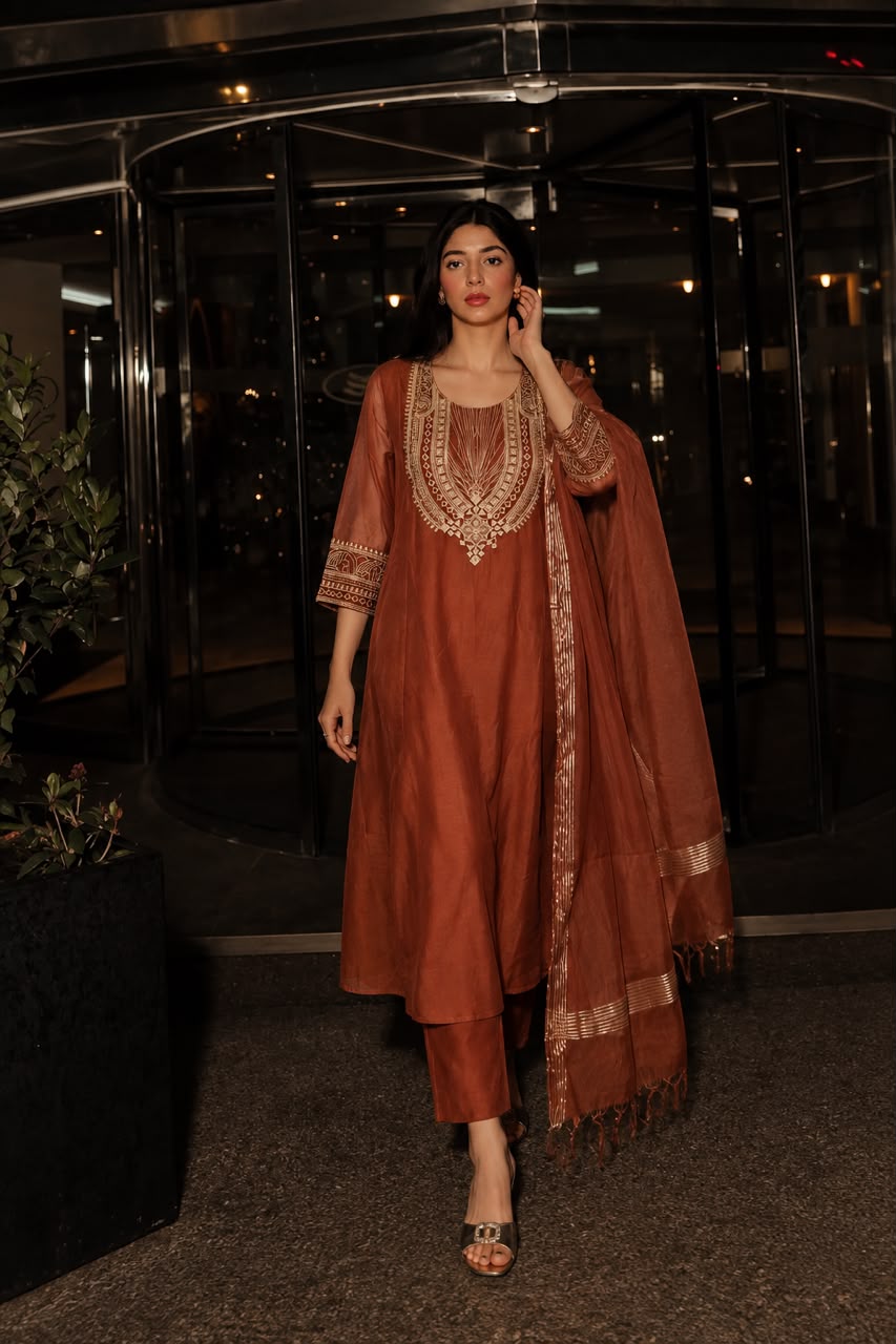 Warm Terracotta Embroidered Mul Chanderi Silk Anarkali Set