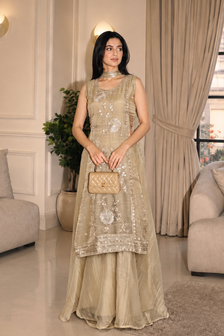 Champagne Gold Embellished Shimmer Tissue Silk Palazzzo Set