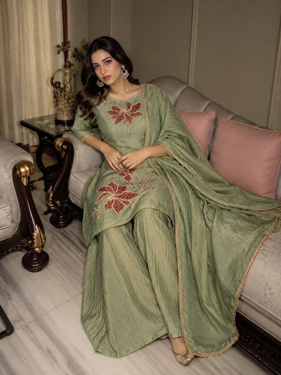 Sage Green Embellished Shimmer Tissue Silk Palazzo Set