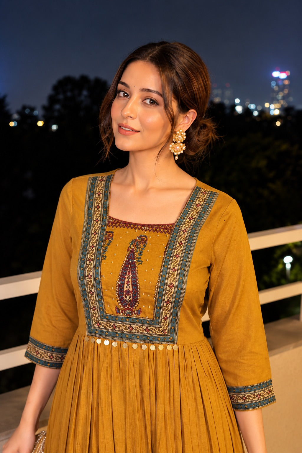Mustard Yellow Embellished Mul Cotton Anarkali Set