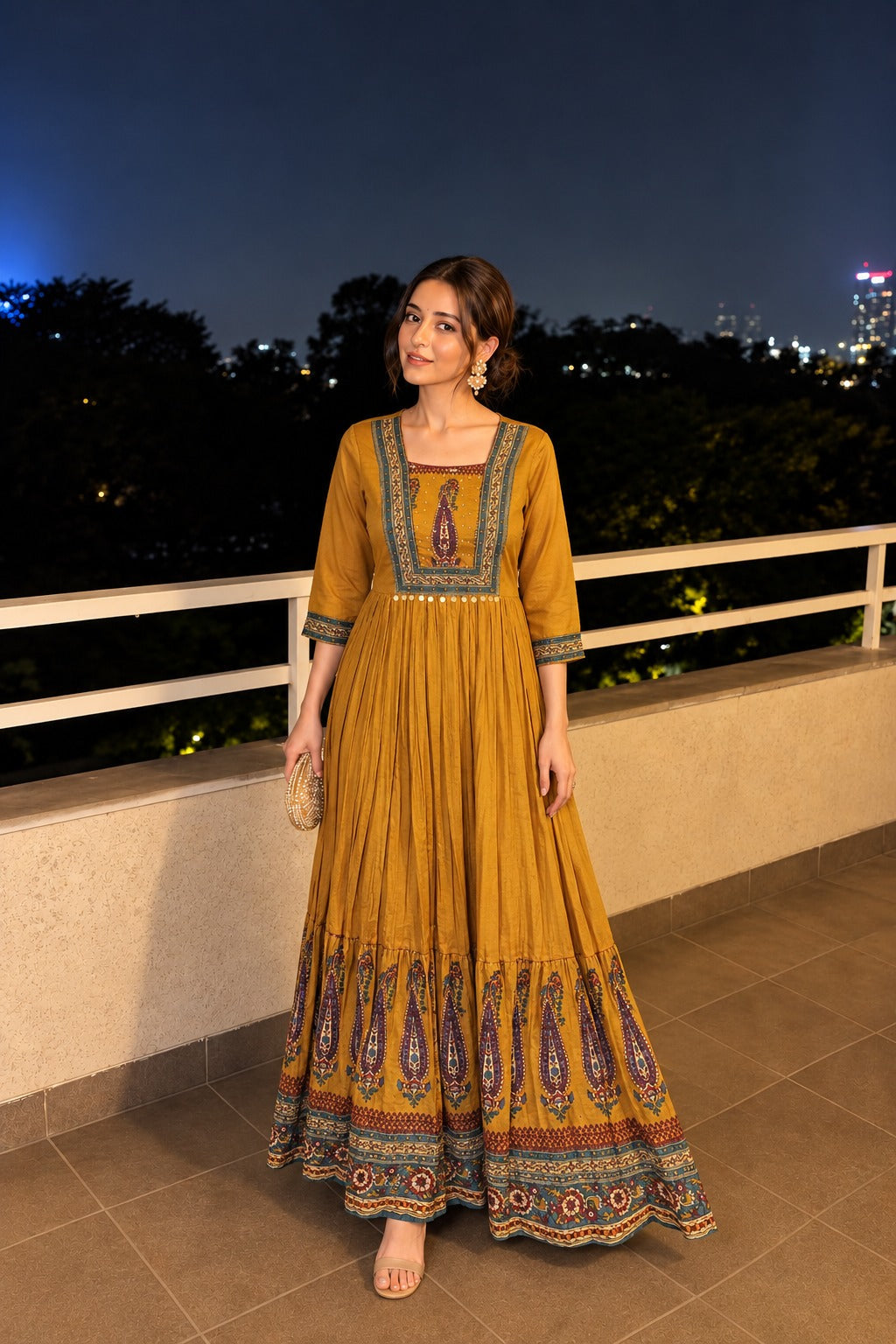 Mustard Yellow Embellished Mul Cotton Anarkali Set